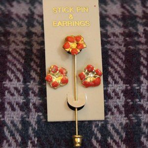 Nos Enamel Flower Stickpin and earrings set